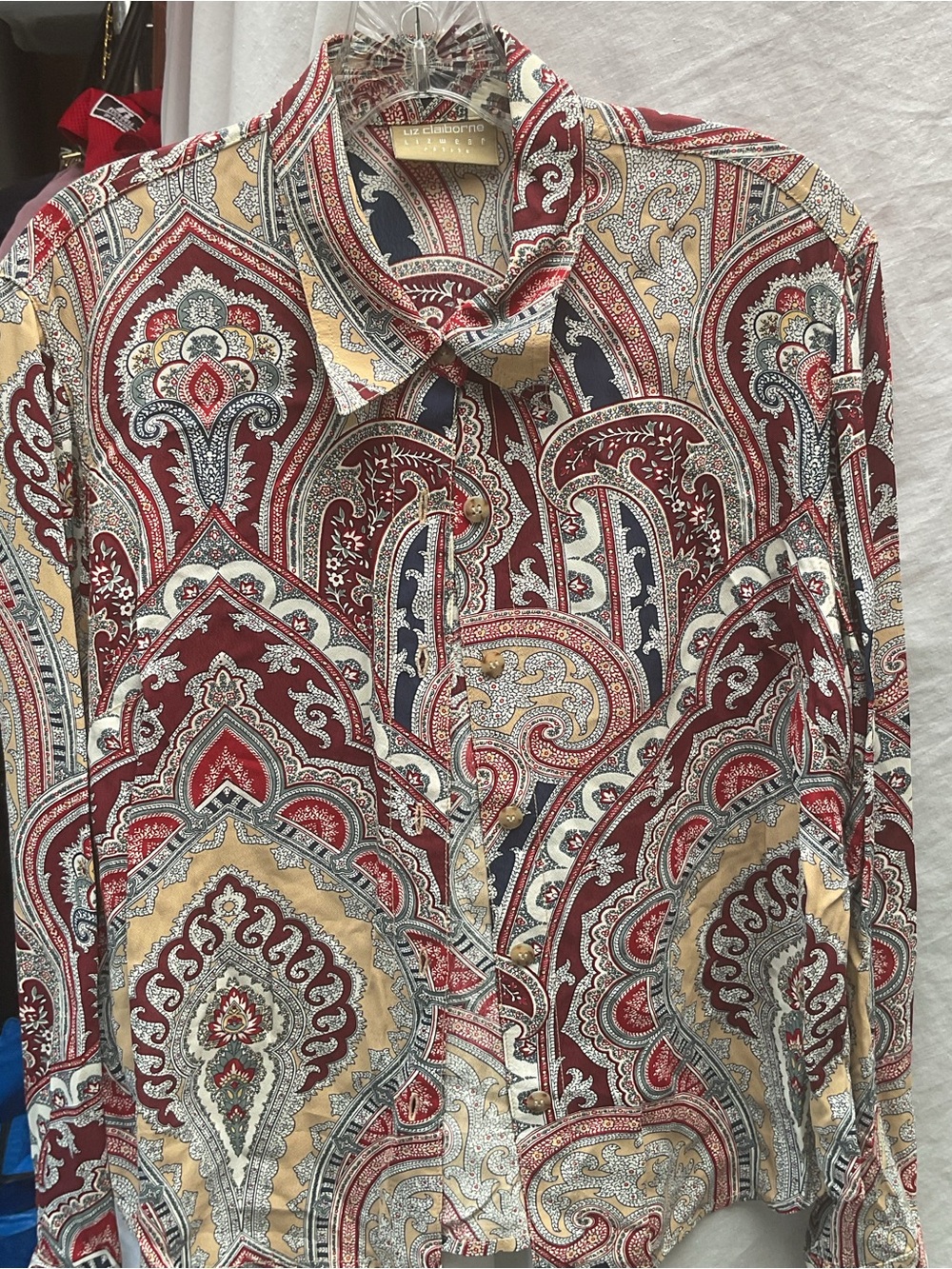 Liz Claiborne Men's Burgundy and Gold Paisley Button-Down Shirt